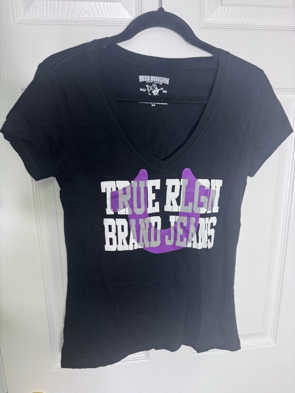 True Religion Black V-Neck Tee with Purple & White Graphic
